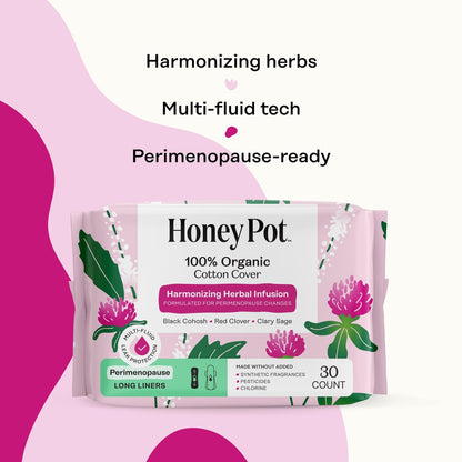 Honey Pot - Perimenopause Slipeinlagen lang - 100% Bio-Baumwoll-Vlies - Damenhygiene - Mehrfach-Flüssigkeitsaufnahme - Harmonische Kräuter mit Traubensilberkerze, Salbei & Rotklee - 30 Stück