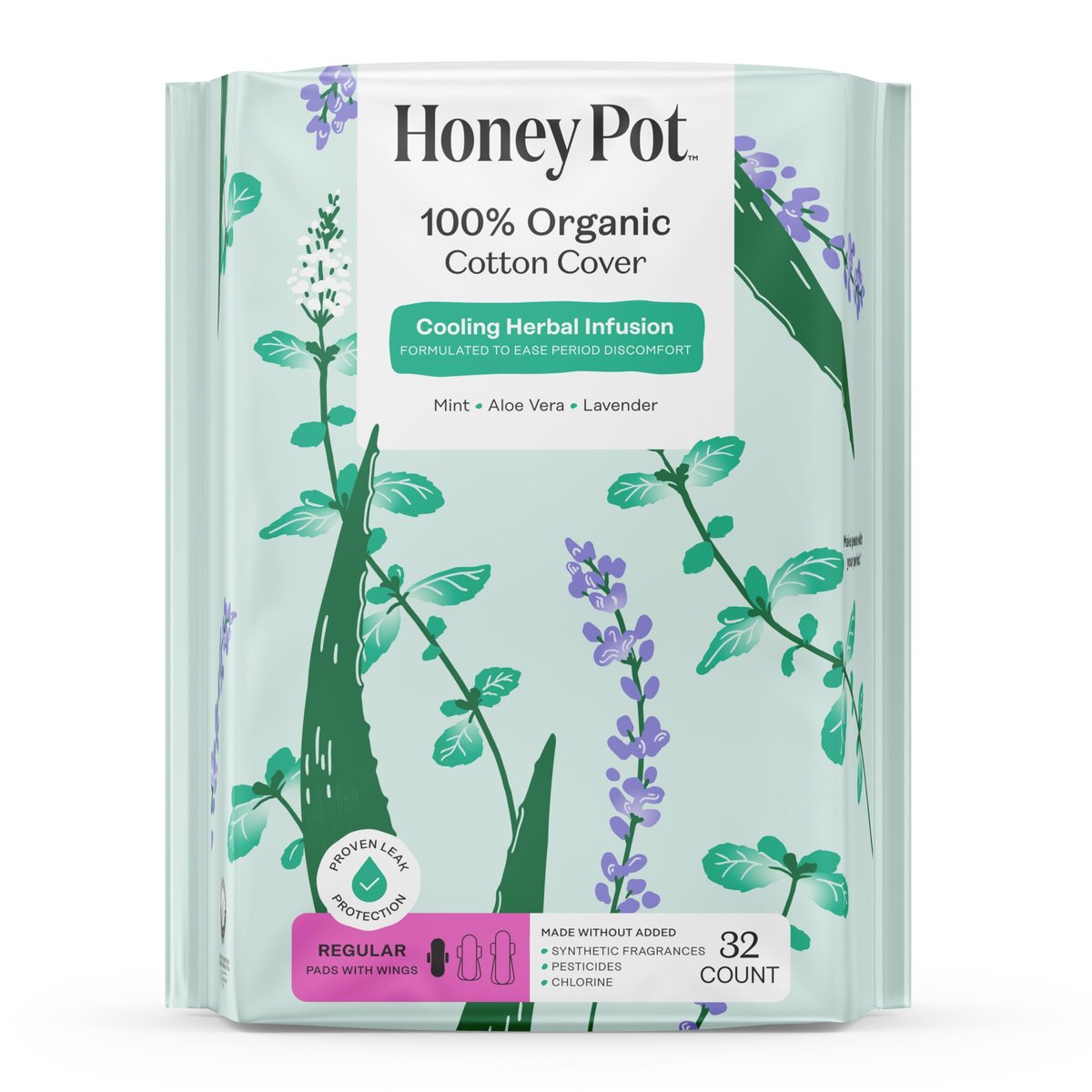 Honey Pot - Kräuter-Slipeinlagen für Frauen - Regulärer Fluss mit Flügeln - Angereichert mit ätherischen Ölen für kühlenden Effekt & Bio-Baumwollbezug – Mittelgroße Packung - Damenhygiene - 32 Stück