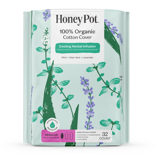 Honey Pot - Kräuter-Slipeinlagen für Frauen - Regulärer Fluss mit Flügeln - Angereichert mit ätherischen Ölen für kühlenden Effekt & Bio-Baumwollbezug – Mittelgroße Packung - Damenhygiene - 32 Stück