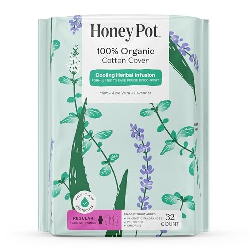 Honey Pot - Kräuter-Slipeinlagen für Frauen - Regulärer Fluss mit Flügeln - Angereichert mit ätherischen Ölen für kühlenden Effekt & Bio-Baumwollbezug – Mittelgroße Packung - Damenhygiene - 32 Stück