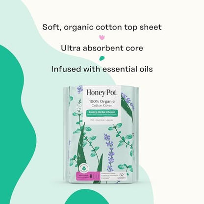 Honey Pot - Kräuter-Slipeinlagen für Frauen - Regulärer Fluss mit Flügeln - Angereichert mit ätherischen Ölen für kühlenden Effekt & Bio-Baumwollbezug – Mittelgroße Packung - Damenhygiene - 32 Stück