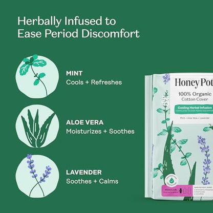 Honey Pot - Kräuter-Slipeinlagen für Frauen - Regulärer Fluss mit Flügeln - Angereichert mit ätherischen Ölen für kühlenden Effekt & Bio-Baumwollbezug – Mittelgroße Packung - Damenhygiene - 32 Stück