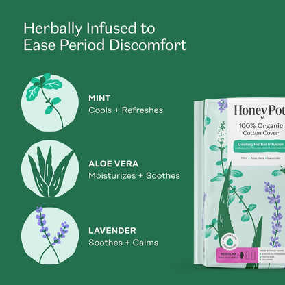 Honey Pot - Kräuter-Slipeinlagen für Frauen - Regulärer Fluss mit Flügeln - Angereichert mit ätherischen Ölen für kühlenden Effekt & Bio-Baumwollbezug – Mittelgroße Packung - Damenhygiene - 32 Stück