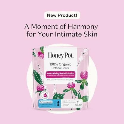 Honey Pot – Perimenopause Binden für den ganzen Tag und die ganze Nacht – 100 % Bio-Baumwoll-Deckblatt – Damenhygiene – Mehrfach-Flüssigkeitsaufnahme – Harmonisierungskräuter mit Traubensilberkerze, Salbei und Rotklee – 11 Stück