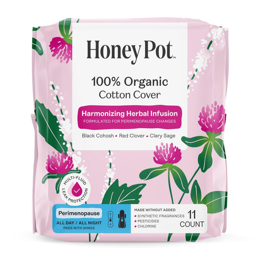 Honey Pot – Perimenopause Binden für den ganzen Tag und die ganze Nacht – 100 % Bio-Baumwoll-Deckblatt – Damenhygiene – Mehrfach-Flüssigkeitsaufnahme – Harmonisierungskräuter mit Traubensilberkerze, Salbei und Rotklee – 11 Stück