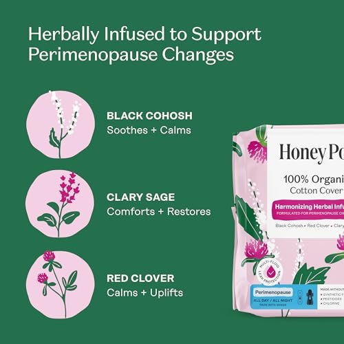 Honey Pot – Perimenopause Binden für den ganzen Tag und die ganze Nacht – 100 % Bio-Baumwoll-Deckblatt – Damenhygiene – Mehrfach-Flüssigkeitsaufnahme – Harmonisierungskräuter mit Traubensilberkerze, Salbei und Rotklee – 11 Stück