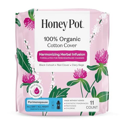 Honey Pot – Perimenopause Binden für den ganzen Tag und die ganze Nacht – 100 % Bio-Baumwoll-Deckblatt – Damenhygiene – Mehrfach-Flüssigkeitsaufnahme – Harmonisierungskräuter mit Traubensilberkerze, Salbei und Rotklee – 11 Stück