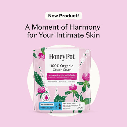 Honey Pot – Perimenopause Binden für den ganzen Tag und die ganze Nacht – 100 % Bio-Baumwoll-Deckblatt – Damenhygiene – Mehrfach-Flüssigkeitsaufnahme – Harmonisierungskräuter mit Traubensilberkerze, Salbei und Rotklee – 11 Stück