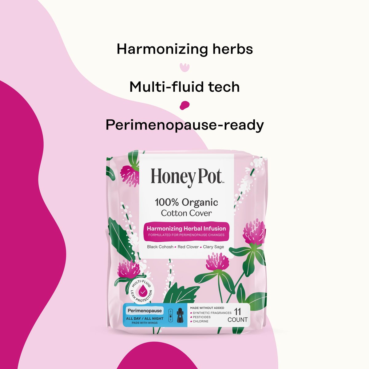 Honey Pot – Perimenopause Binden für den ganzen Tag und die ganze Nacht – 100 % Bio-Baumwoll-Deckblatt – Damenhygiene – Mehrfach-Flüssigkeitsaufnahme – Harmonisierungskräuter mit Traubensilberkerze, Salbei und Rotklee – 11 Stück