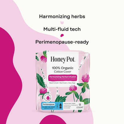 Honey Pot – Perimenopause Binden für den ganzen Tag und die ganze Nacht – 100 % Bio-Baumwoll-Deckblatt – Damenhygiene – Mehrfach-Flüssigkeitsaufnahme – Harmonisierungskräuter mit Traubensilberkerze, Salbei und Rotklee – 11 Stück