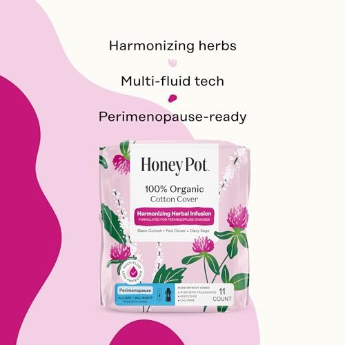 Honey Pot – Perimenopause Binden für den ganzen Tag und die ganze Nacht – 100 % Bio-Baumwoll-Deckblatt – Damenhygiene – Mehrfach-Flüssigkeitsaufnahme – Harmonisierungskräuter mit Traubensilberkerze, Salbei und Rotklee – 11 Stück