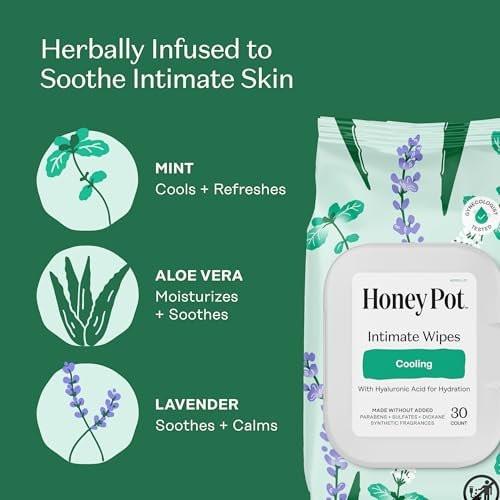 Honey Pot - Feminine Wipes - Tägliche pH-Balance, Duft- & Sulfatfreie Tücher für Intimbereich, Körper oder Gesicht - Hygieneartikel - Kühlend, 30 Stück
