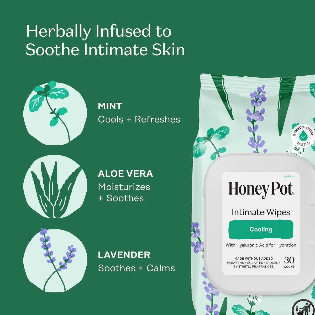 Honey Pot - Feminine Wipes - Tägliche pH-Balance, Duft- & Sulfatfreie Tücher für Intimbereich, Körper oder Gesicht - Hygieneartikel - Kühlend, 30 Stück