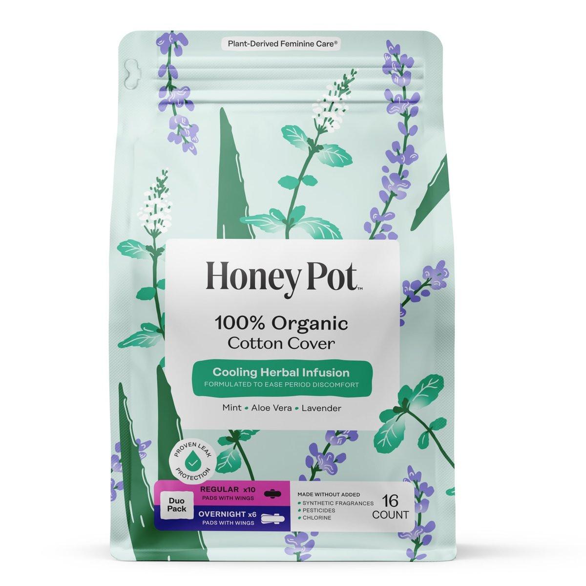 Honey Pot - Kräuter-Slipeinlagen für Frauen - Reguläre & nächtliche Blutung mit Flügeln - Angereichert mit ätherischen Ölen für Kühleffekt & Bio-Baumwollabdeckung – Mittelpack - Damenhygiene - 16 Stück