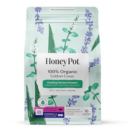 Honey Pot - Kräuter-Slipeinlagen für Frauen - Reguläre & nächtliche Blutung mit Flügeln - Angereichert mit ätherischen Ölen für Kühleffekt & Bio-Baumwollabdeckung – Mittelpack - Damenhygiene - 16 Stück