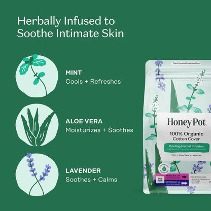Honey Pot - Kräuter-Slipeinlagen für Frauen - Reguläre & nächtliche Blutung mit Flügeln - Angereichert mit ätherischen Ölen für Kühleffekt & Bio-Baumwollabdeckung – Mittelpack - Damenhygiene - 16 Stück
