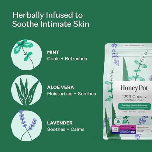 Honey Pot - Kräuter-Slipeinlagen für Frauen - Reguläre & nächtliche Blutung mit Flügeln - Angereichert mit ätherischen Ölen für Kühleffekt & Bio-Baumwollabdeckung – Mittelpack - Damenhygiene - 16 Stück
