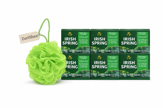 Irish Spring Bar Seife Bundle mit ZuriShea Mesh Badeschwamm – 6er-Pack Irish Spring Seife (4 oz) + Peeling-Badeschwamm