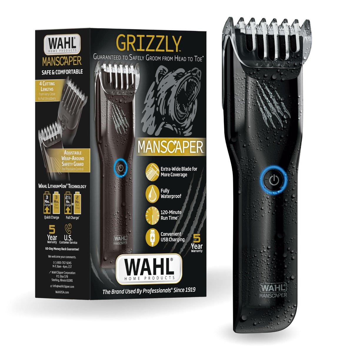 Wahl Manscaper Grizzly Wiederaufladbarer Körper- und Intimhaartrimmer für Männer – Extrabreite Edelstahlklinge, wasserdicht, nass/trocken, 120 Minuten Laufzeit, USB-Ladung – Modell 3026572