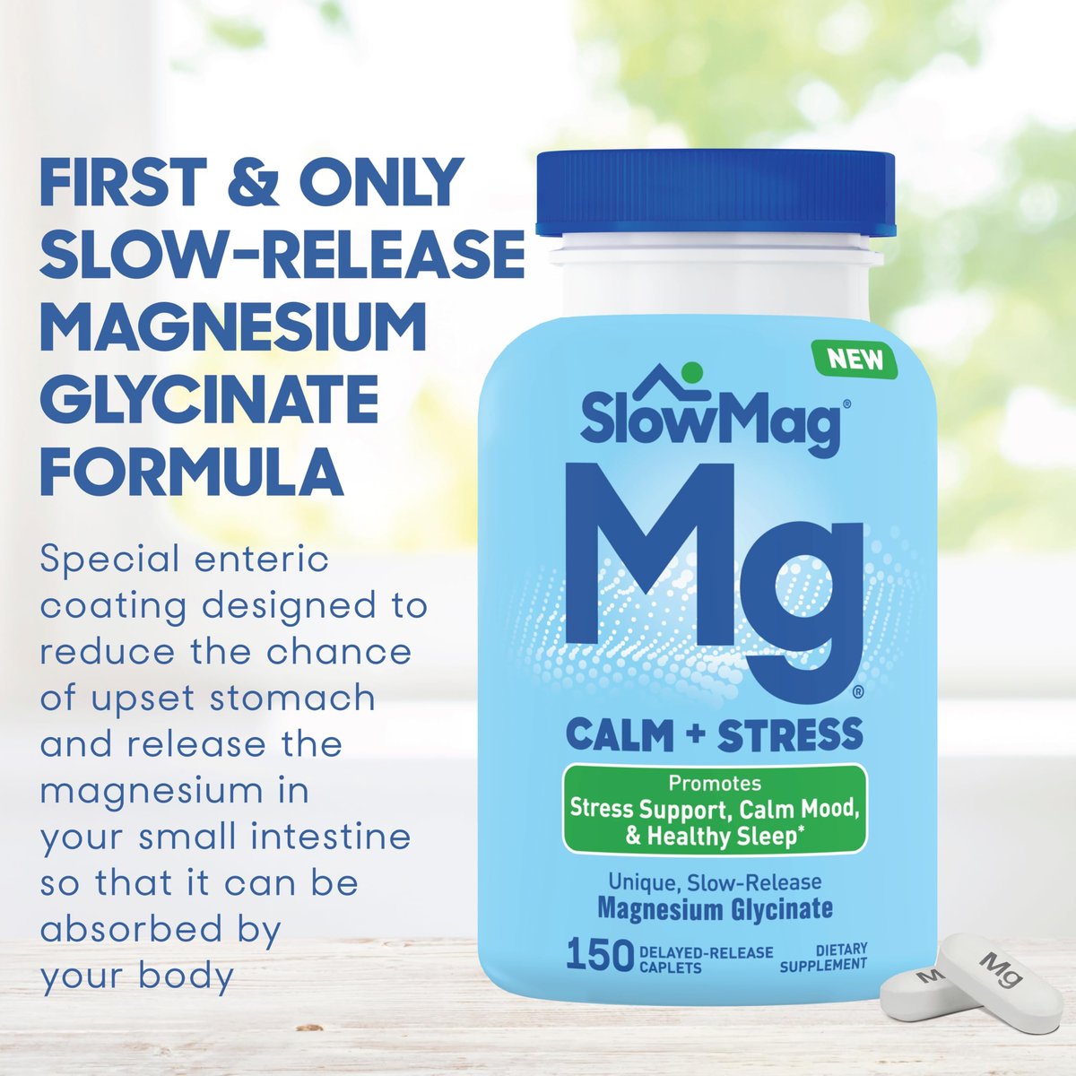 SlowMag Magnesium Glycinat Tabletten, 150 Stück, Langsame Freisetzung, Unterstützung für Ruhe & Stress, Gesunder Schlaf, Magenfreundlich, Magnesiumglycinat für Frauen & Männer