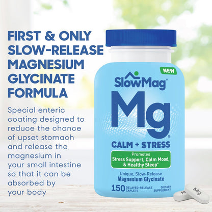 SlowMag Magnesium Glycinat Tabletten, 150 Stück, Langsame Freisetzung, Unterstützung für Ruhe & Stress, Gesunder Schlaf, Magenfreundlich, Magnesiumglycinat für Frauen & Männer