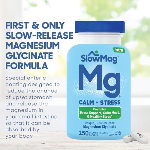 SlowMag Magnesium Glycinat Tabletten, 150 Stück, Langsame Freisetzung, Unterstützung für Ruhe & Stress, Gesunder Schlaf, Magenfreundlich, Magnesiumglycinat für Frauen & Männer
