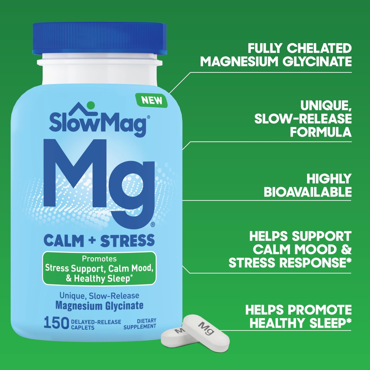 SlowMag Magnesium Glycinat Tabletten, 150 Stück, Langsame Freisetzung, Unterstützung für Ruhe & Stress, Gesunder Schlaf, Magenfreundlich, Magnesiumglycinat für Frauen & Männer