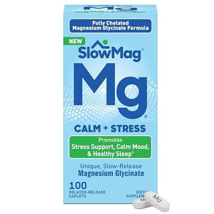 SlowMag Magnesium Glycinat Kautabletten, 100 Stück, Zeitverzögerte Freisetzung, Beruhigung & Stressunterstützung, Gesunder Schlaf, Sanft zum Magen, Magnesiumglycinat-Ergänzung für Frauen & Männer