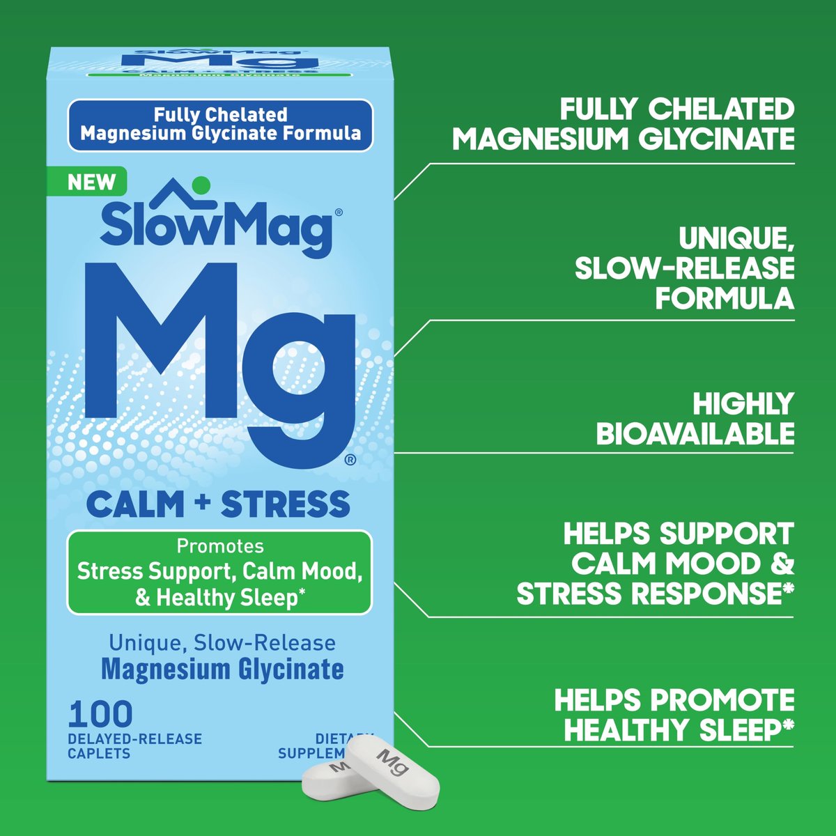 SlowMag Magnesium Glycinat Kautabletten, 100 Stück, Zeitverzögerte Freisetzung, Beruhigung & Stressunterstützung, Gesunder Schlaf, Sanft zum Magen, Magnesiumglycinat-Ergänzung für Frauen & Männer
