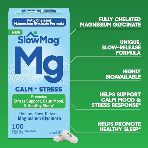 SlowMag Magnesium Glycinat Kautabletten, 100 Stück, Zeitverzögerte Freisetzung, Beruhigung & Stressunterstützung, Gesunder Schlaf, Sanft zum Magen, Magnesiumglycinat-Ergänzung für Frauen & Männer