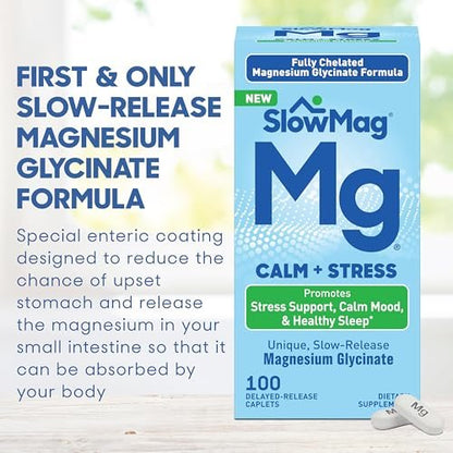SlowMag Magnesium Glycinat Kautabletten, 100 Stück, Zeitverzögerte Freisetzung, Beruhigung & Stressunterstützung, Gesunder Schlaf, Sanft zum Magen, Magnesiumglycinat-Ergänzung für Frauen & Männer