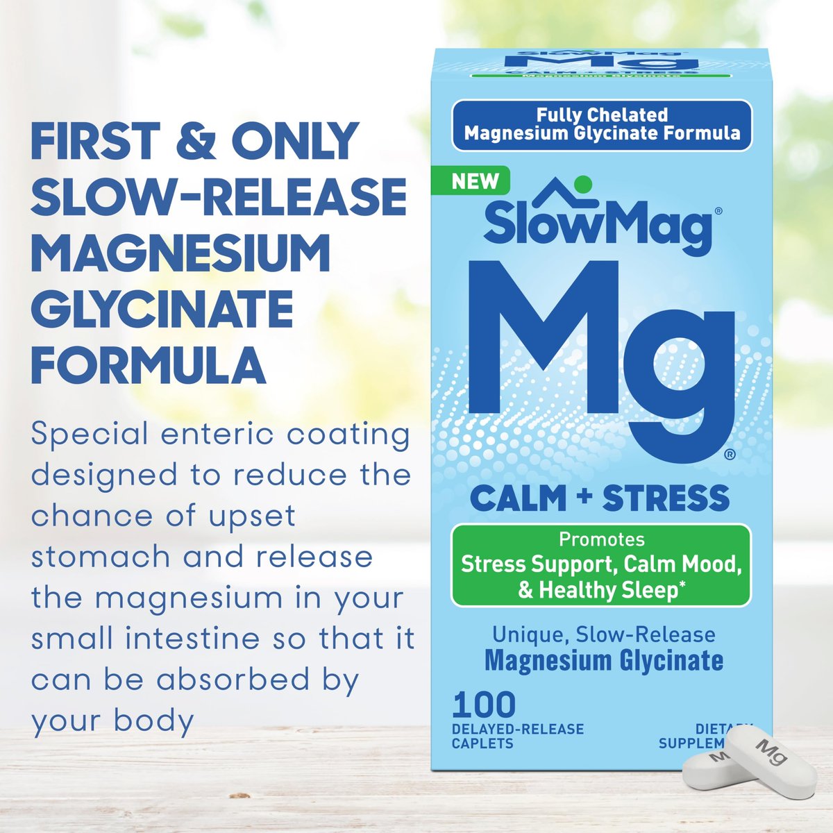 SlowMag Magnesium Glycinat Kautabletten, 100 Stück, Zeitverzögerte Freisetzung, Beruhigung & Stressunterstützung, Gesunder Schlaf, Sanft zum Magen, Magnesiumglycinat-Ergänzung für Frauen & Männer