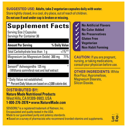 Nature Made Magnesium + Ashwagandha Kapseln – Stressabbau und Schlafunterstützung, 300 mg Magnesium und Ashwagandha Ergänzung, 60 Kapseln, 30-Tage-Versorgung