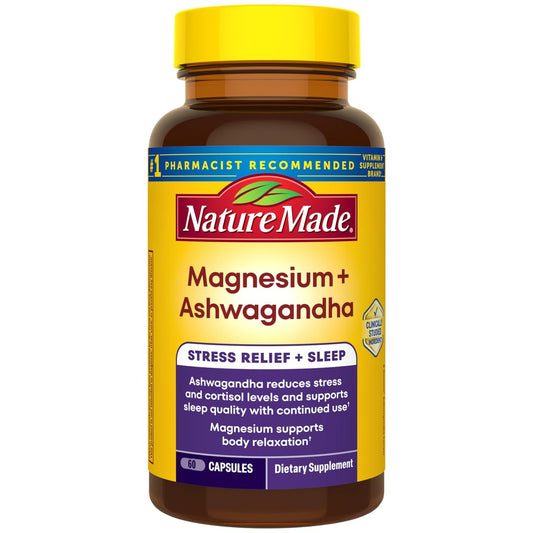 Nature Made Magnesium + Ashwagandha Kapseln – Stressabbau und Schlafunterstützung, 300 mg Magnesium und Ashwagandha Ergänzung, 60 Kapseln, 30-Tage-Versorgung