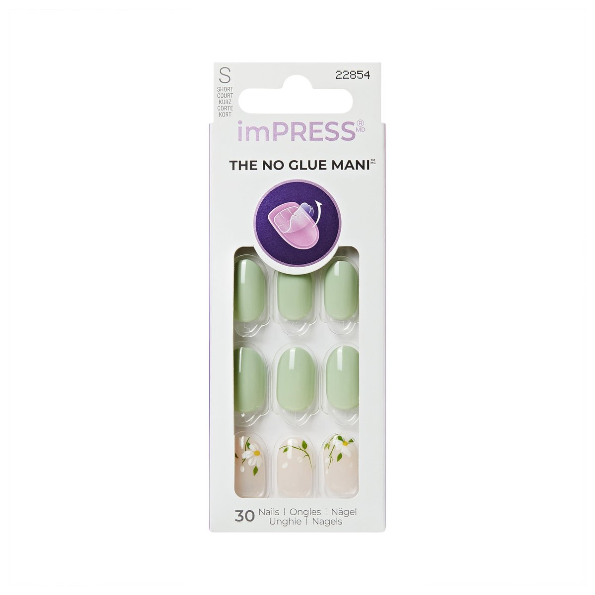 Kiss Impress No Glue Mani Press On Nails 'Velvet Bunny' Grün Kurz Oval – 30 Nägel + Zubehör