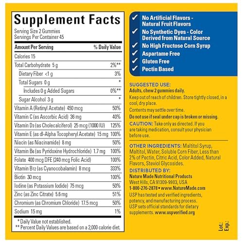 Nature Made Zero Sugar Multivitamin Männer Gummibärchen – Zuckerfrei, Aspartamfrei, 90 Stück, 45-Tage-Vorrat