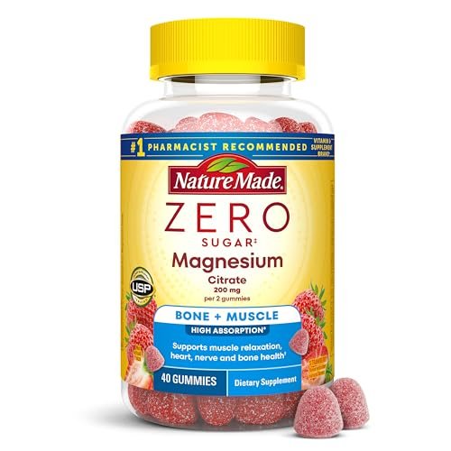 Nature Made Zero Sugar Magnesiumcitrat Gummibärchen 200 mg pro Portion – 40 zuckerfreie Gummis für Muskel- und Knochenunterstützung, aspartamfrei, 20-Tage-Vorrat