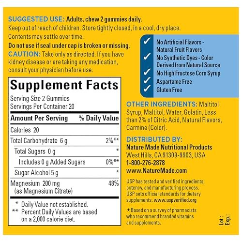 Nature Made Zero Sugar Magnesiumcitrat Gummibärchen 200 mg pro Portion – 40 zuckerfreie Gummis für Muskel- und Knochenunterstützung, aspartamfrei, 20-Tage-Vorrat