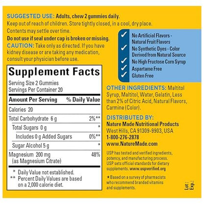Nature Made Zero Sugar Magnesiumcitrat Gummibärchen 200 mg pro Portion – 40 zuckerfreie Gummis für Muskel- und Knochenunterstützung, aspartamfrei, 20-Tage-Vorrat