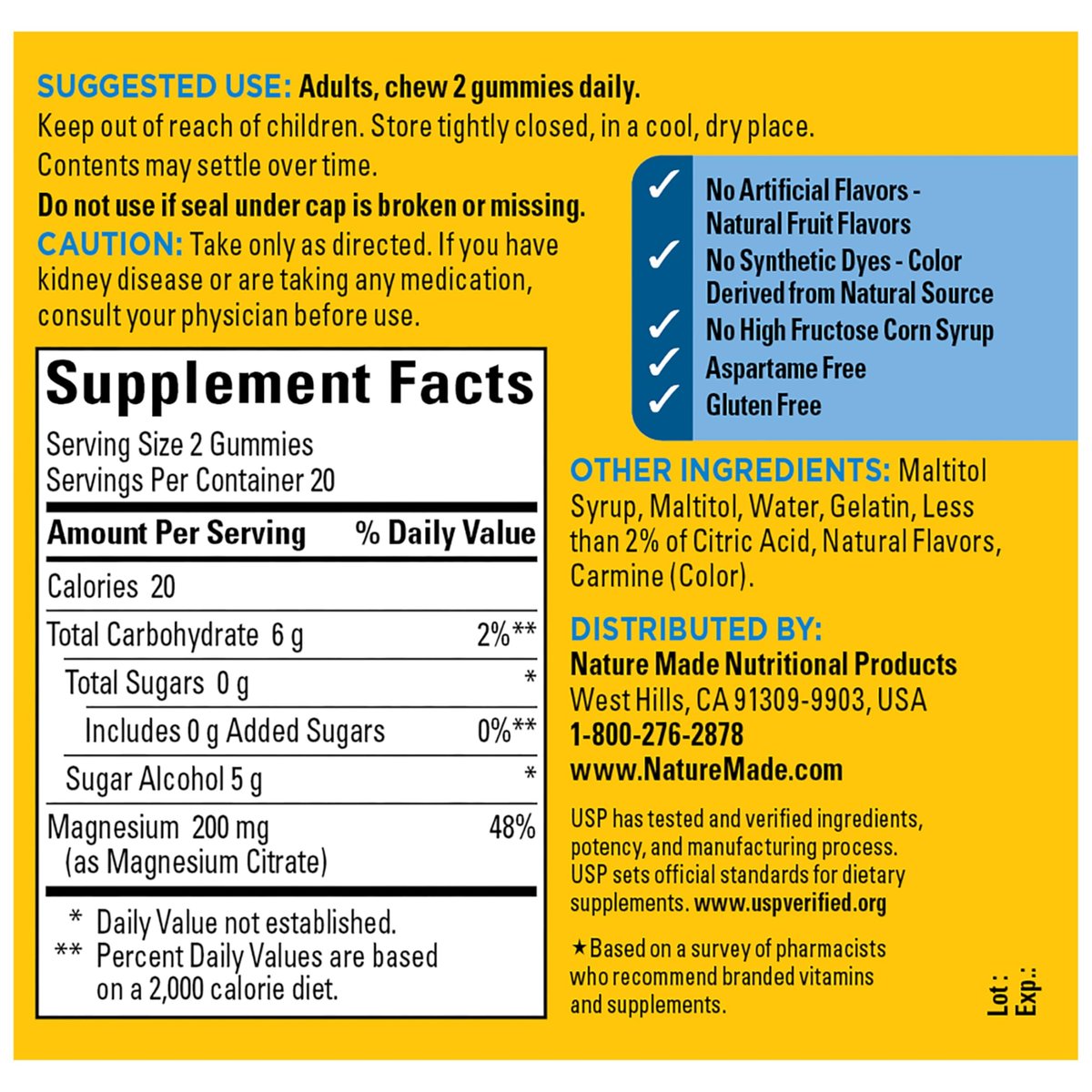 Nature Made Zero Sugar Magnesiumcitrat Gummibärchen 200 mg pro Portion – 40 zuckerfreie Gummis für Muskel- und Knochenunterstützung, aspartamfrei, 20-Tage-Vorrat