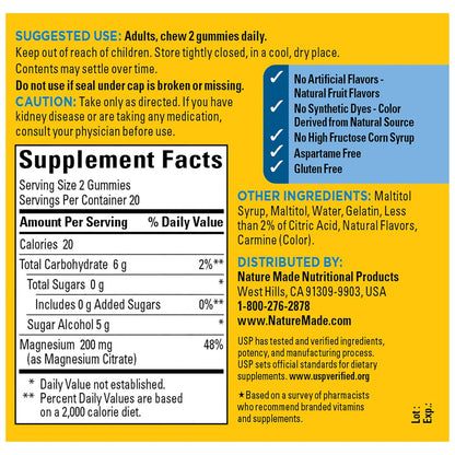 Nature Made Zero Sugar Magnesiumcitrat Gummibärchen 200 mg pro Portion – 40 zuckerfreie Gummis für Muskel- und Knochenunterstützung, aspartamfrei, 20-Tage-Vorrat