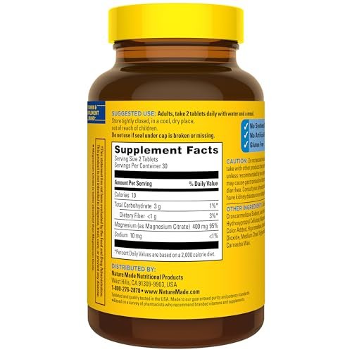 Nature Made Extra Strength Magnesium Citrate Tabletten – Hochdosiertes Magnesium 400 mg pro Portion, für Knochen und Muskeln, 60 Tabletten, 30-Tage-Vorrat
