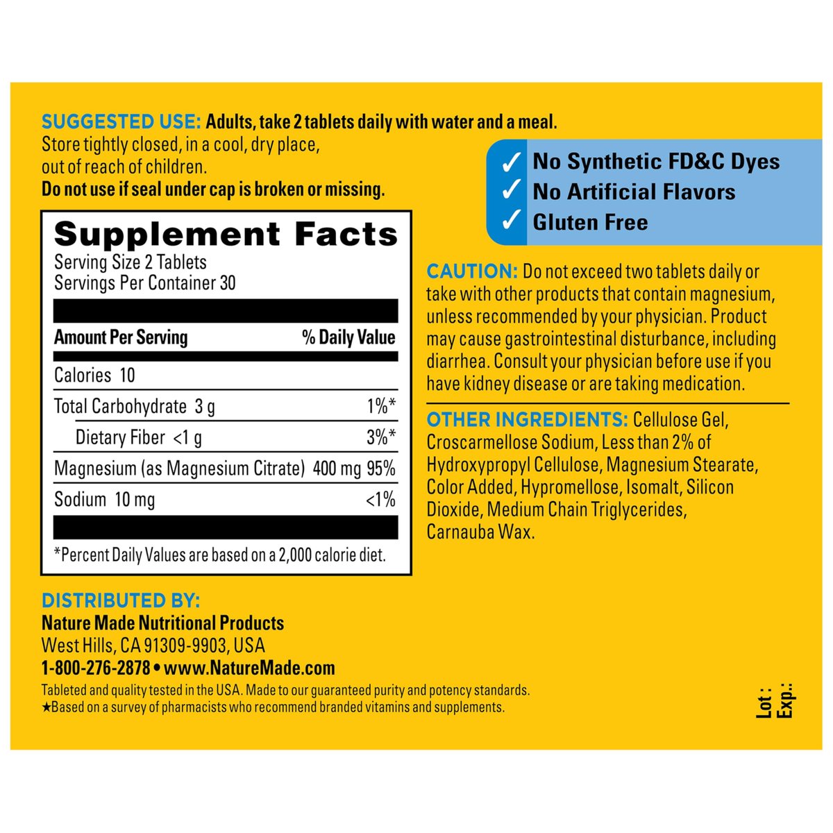 Nature Made Extra Strength Magnesium Citrate Tabletten – Hochdosiertes Magnesium 400 mg pro Portion, für Knochen und Muskeln, 60 Tabletten, 30-Tage-Vorrat