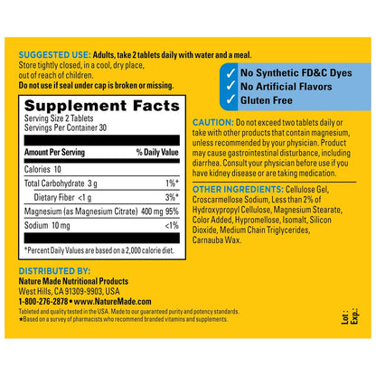 Nature Made Extra Strength Magnesium Citrate Tabletten – Hochdosiertes Magnesium 400 mg pro Portion, für Knochen und Muskeln, 60 Tabletten, 30-Tage-Vorrat
