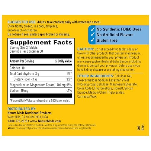 Nature Made Extra Strength Magnesium Citrate Tabletten – Hochdosiertes Magnesium 400 mg pro Portion, für Knochen und Muskeln, 60 Tabletten, 30-Tage-Vorrat