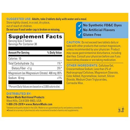 Nature Made Extra Strength Magnesium Citrate Tabletten – Hochdosiertes Magnesium 400 mg pro Portion, für Knochen und Muskeln, 60 Tabletten, 30-Tage-Vorrat