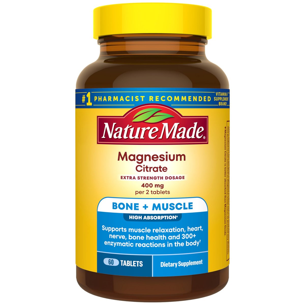 Nature Made Extra Strength Magnesium Citrate Tabletten – Hochdosiertes Magnesium 400 mg pro Portion, für Knochen und Muskeln, 60 Tabletten, 30-Tage-Vorrat