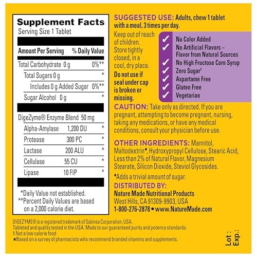 Nature Made Verdauungsenzyme 5-in-1 Mischung, Unterstützung der Verdauungsgesundheit, 90 Kautabletten, 30-Tage-Vorrat