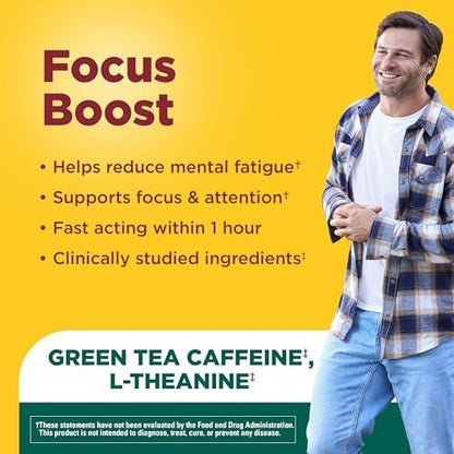 Nature Made Focus Boost Kapseln – Grüner Tee Koffein + L-Theanin, B-Vitamine, schnell wirkendes Konzentrations-Supplement, 30 Kapseln, 30-Tage-Vorrat