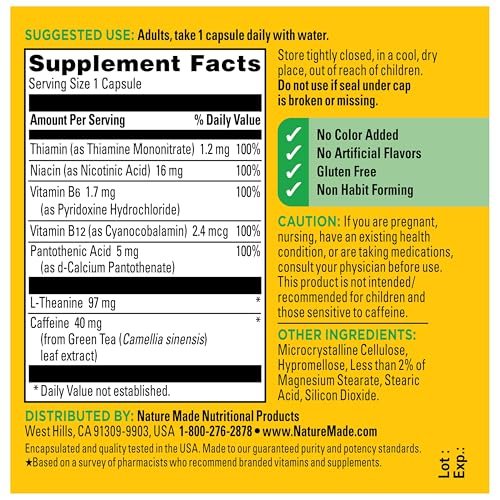 Nature Made Focus Boost Kapseln – Grüner Tee Koffein + L-Theanin, B-Vitamine, schnell wirkendes Konzentrations-Supplement, 30 Kapseln, 30-Tage-Vorrat